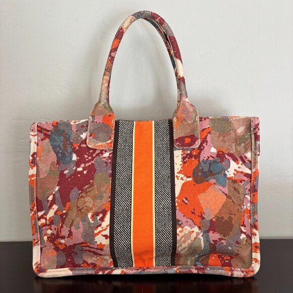 Vince Camuto Multi Colored Orange Black Purple Abstract Art Canvas Tote - Picture 1 of 10